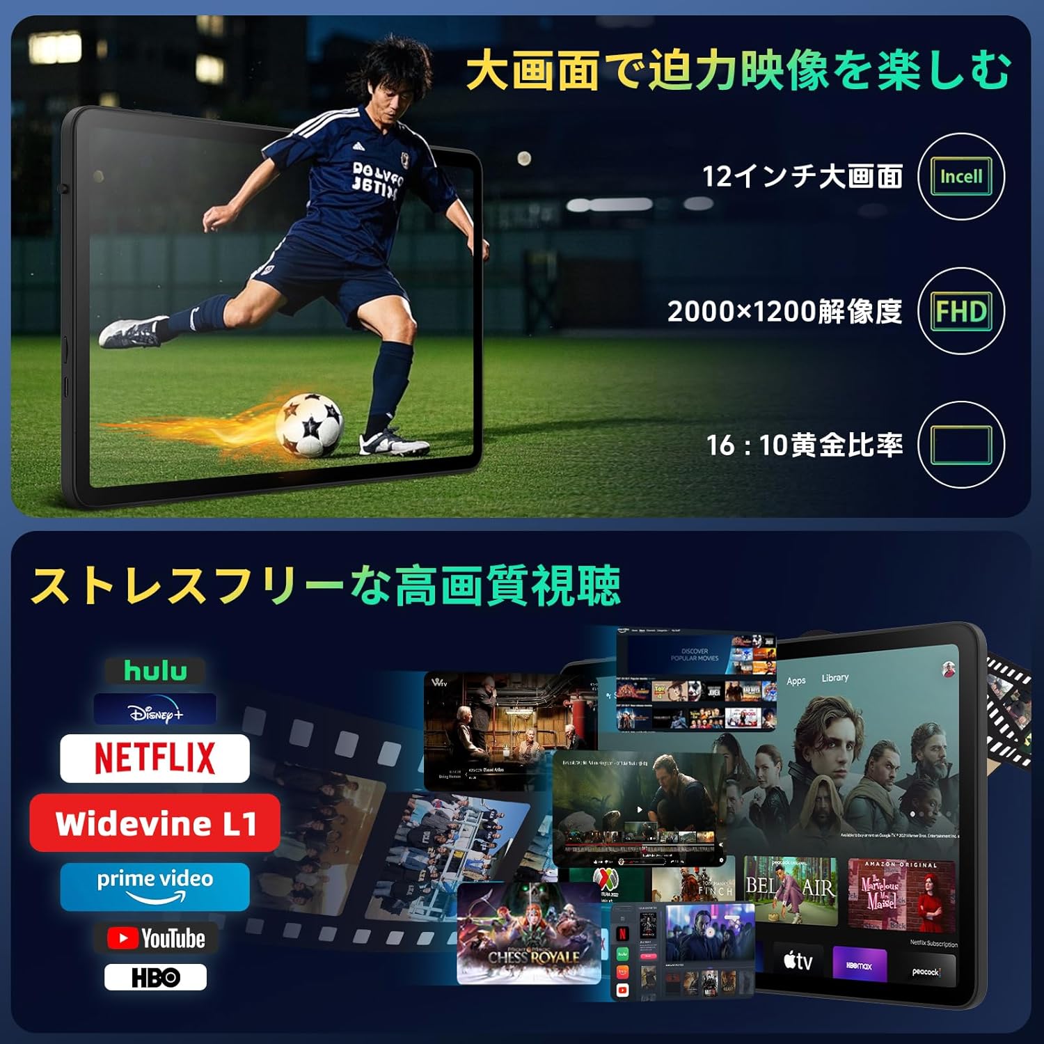 【Android 15 タブレット 12インチ】Rebecco K90 アンドロイド タブレット wi-fiモデル 2K IPS大画面 T615チップ RAM24GB+ROM128GB Android Tablet 12インチ 顔認識+GPS+OTG Widevine L1&Netflix 無線投影+画面分割+FMラジオ 8000mAh 18W急速充電 GMS/TELEC認証