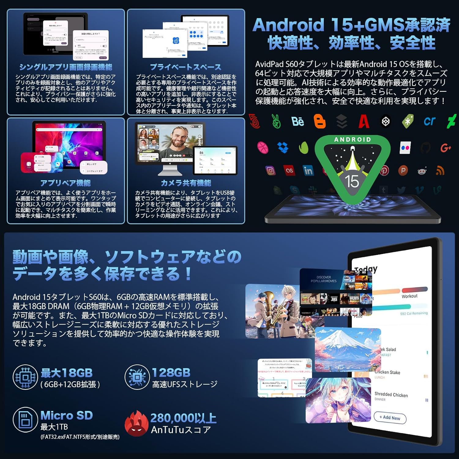 AvidPad S60 タブレットPC 10インチ Android 15 wi-fiモデル 【中古品