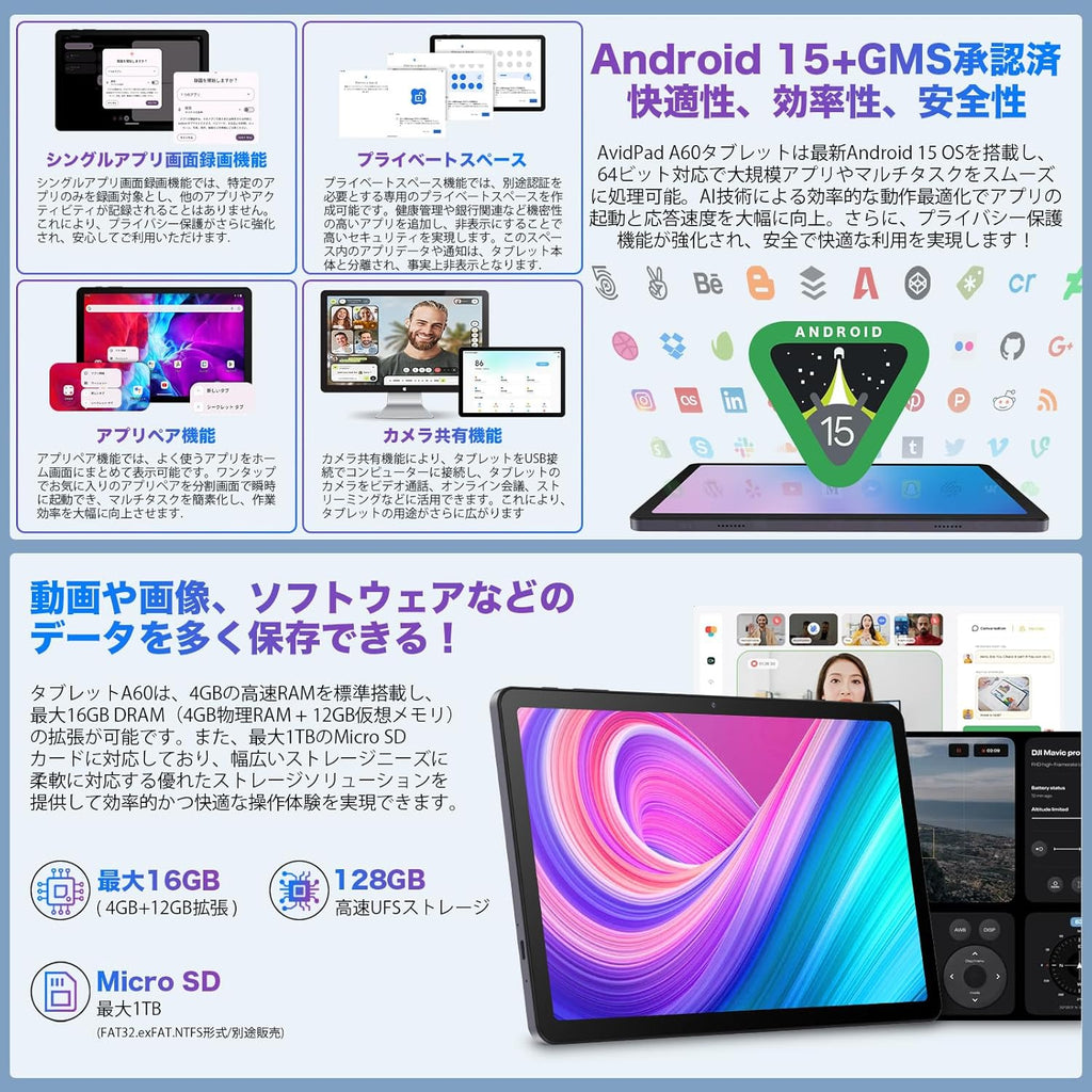 AvidPad A60 タブレットPC 10インチ Android 15 wi-fiモデル 【中古品・美品・特価セール】